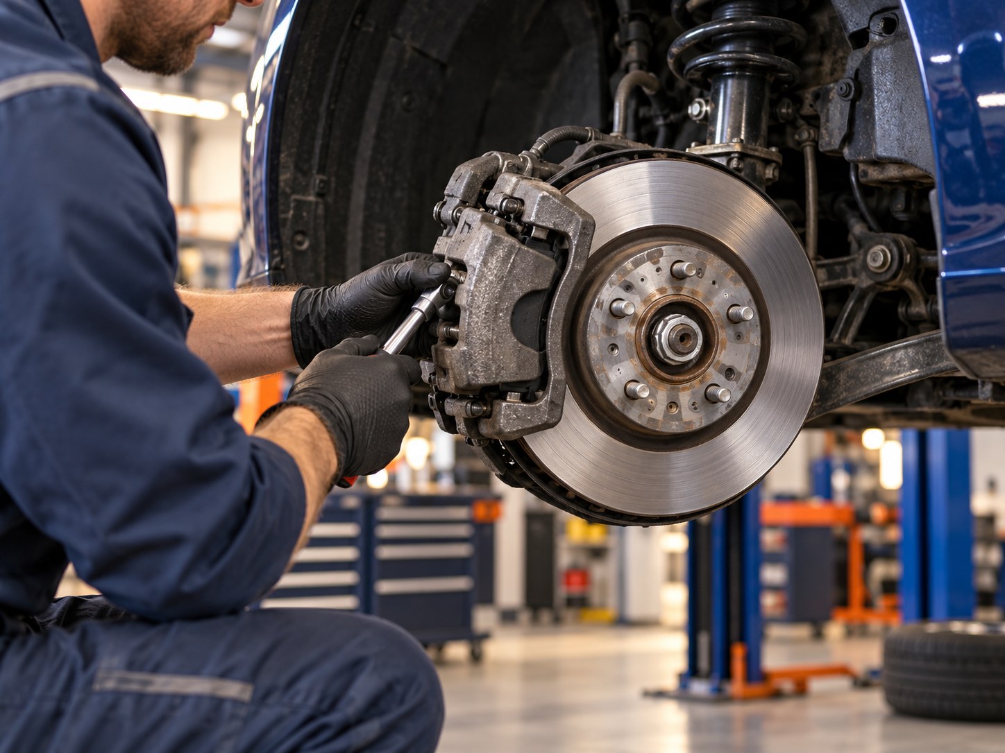 Illustration of a mechanic inspecting a brake assembly